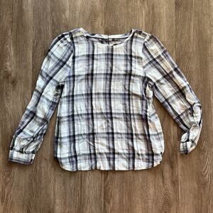 Ann Taylor LOFT Plaid Long Sleeve High Neck Blouse Small Petite
